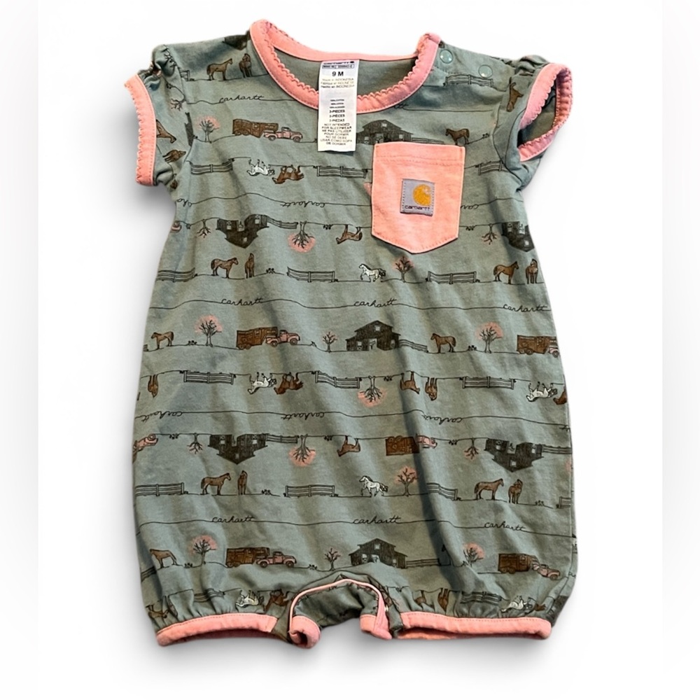 Carhartt Green and Pink Baby Romper 9 mo